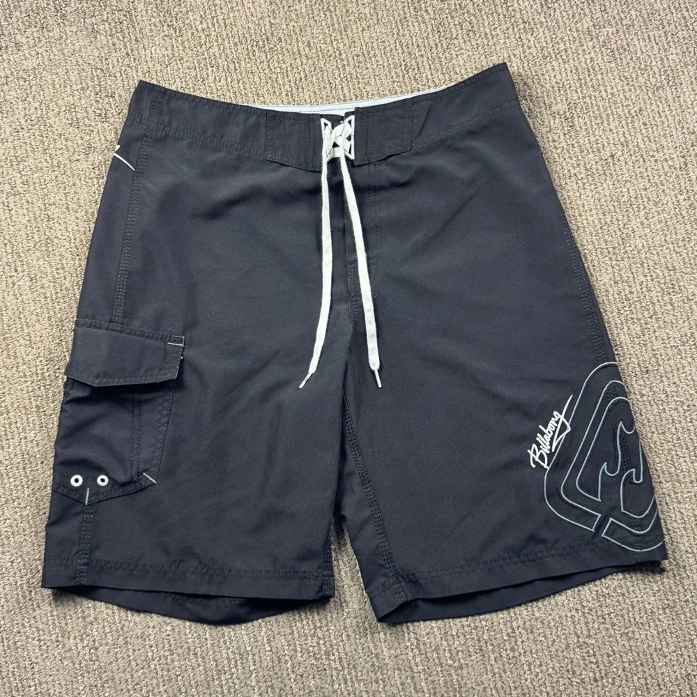 VTG Billabong Cargo Board Shorts Swim Trunks Mens 34 Black Drawstring Logo Y2K